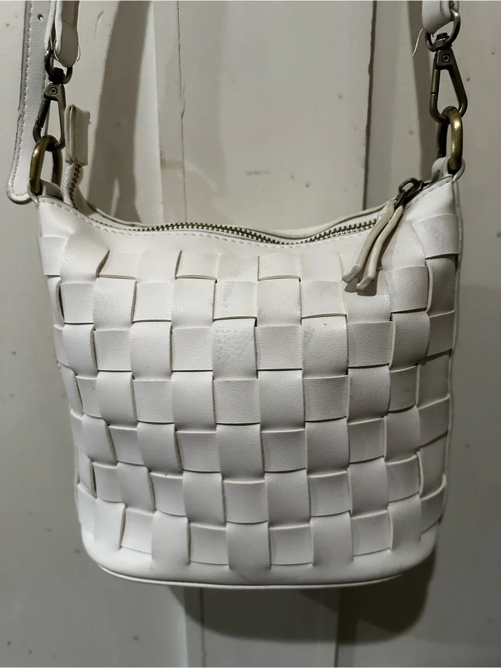 Joy Susan White Woven Crossbody Bucket Bag